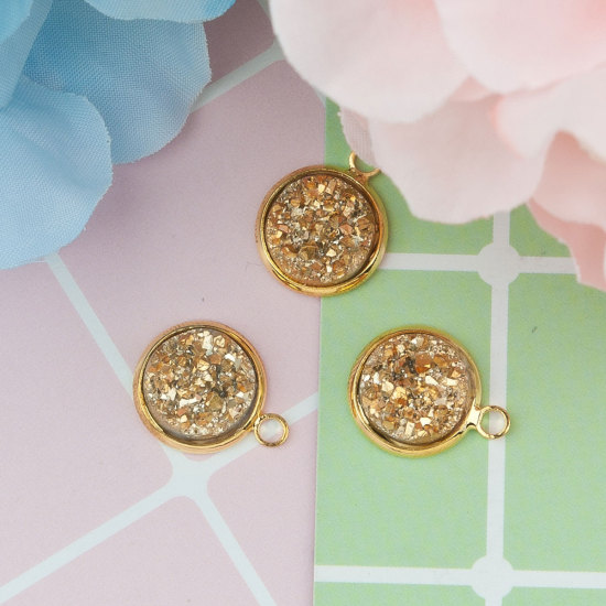 Picture of Brass & Resin Druzy/ Drusy Charms Round Disc Gold Plated Golden AB Color 18mm( 6/8") x 14mm( 4/8"), 10 PCs