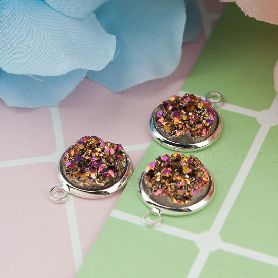 Picture of Brass & Resin Druzy/ Drusy Charms Round Disc Gold Plated Golden AB Color 18mm( 6/8") x 14mm( 4/8"), 10 PCs