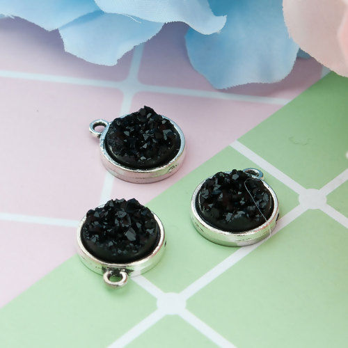 Picture of Zinc Based Alloy & Resin Druzy/ Drusy Charms Round Antique Silver Color Black 18mm( 6/8") x 15mm( 5/8"), 20 PCs
