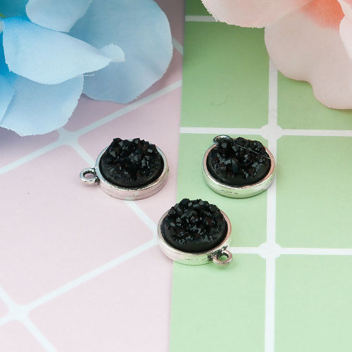 Immagine di Lega di Zinco + Resina Druzy/ Drusy Charms Tondo Argento Antico Nero 18mm x 15mm , 20 Pz