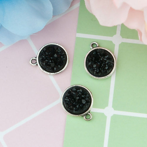 Immagine di Lega di Zinco + Resina Druzy/ Drusy Charms Tondo Argento Antico Nero 18mm x 15mm , 20 Pz