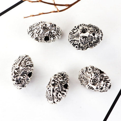 Picture of Zinc Based Alloy 3D Beads Lion Animal Antique Silver Color 13mm x 10mm, Hole: Approx 1.7mm, 20 PCs