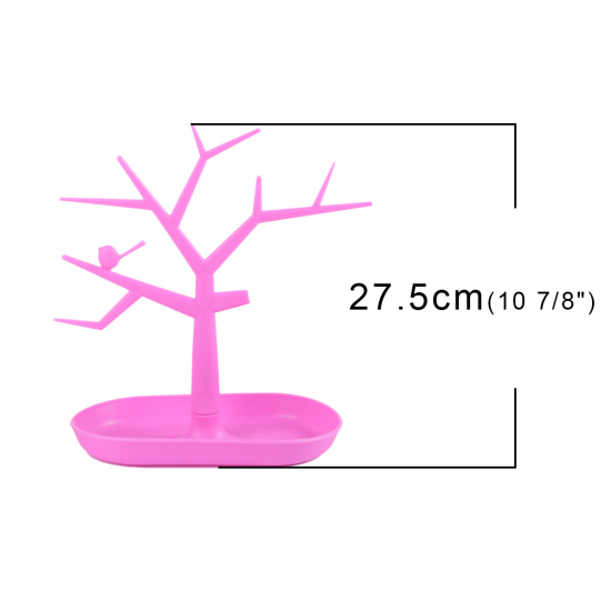 Plastic Jewelry Displays Tree Pink Bird Pattern 27.5cm(10 7/8") x 27cm(10 5/8"), 1 Piece の画像