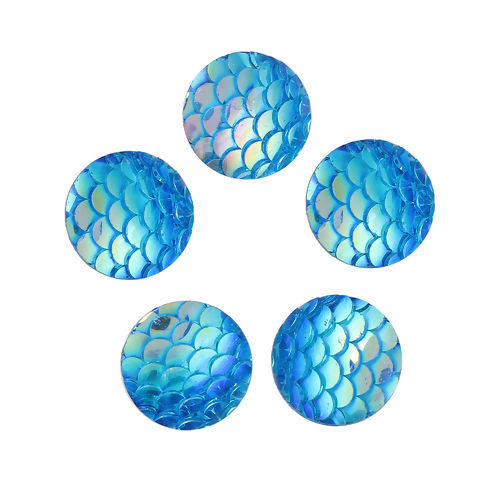 Picture of Resin Mermaid Fish/ Dragon Scale Dome Seals Cabochon Round Light Blue AB Color 12mm( 4/8") Dia, 50 PCs