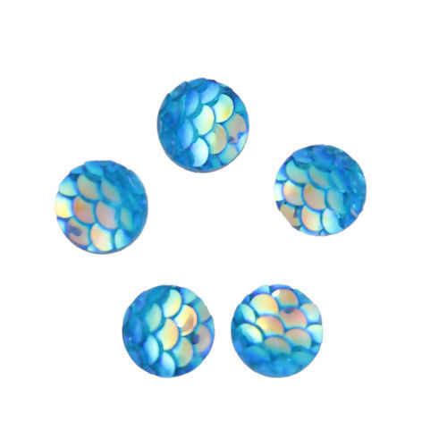 Picture of Resin Mermaid Fish/ Dragon Scale Dome Seals Cabochon Round Light Blue AB Color 8mm( 3/8") Dia, 50 PCs