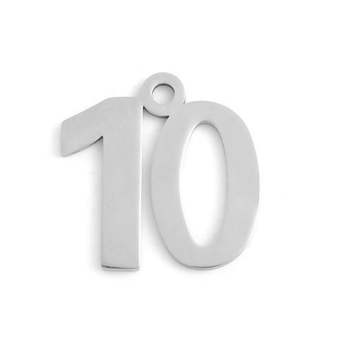 Picture of Stainless Steel Charms Number Silver Tone Messag " 10 " 21mm( 7/8") x 21mm( 7/8"), 5 PCs
