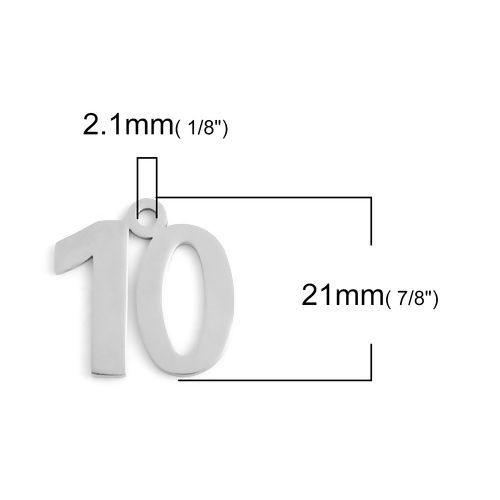 Picture of Stainless Steel Charms Number Silver Tone Messag " 10 " 21mm( 7/8") x 21mm( 7/8"), 5 PCs