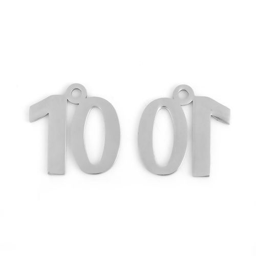 Picture of Stainless Steel Charms Number Silver Tone Messag " 10 " 21mm( 7/8") x 21mm( 7/8"), 5 PCs