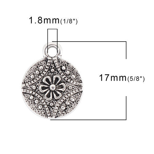 Imagen de Zamak Colgantes Charms Ronda Plata Antigua Flor 17mm x 13mm, 30 Unidades
