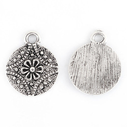 Imagen de Zamak Colgantes Charms Ronda Plata Antigua Flor 17mm x 13mm, 30 Unidades