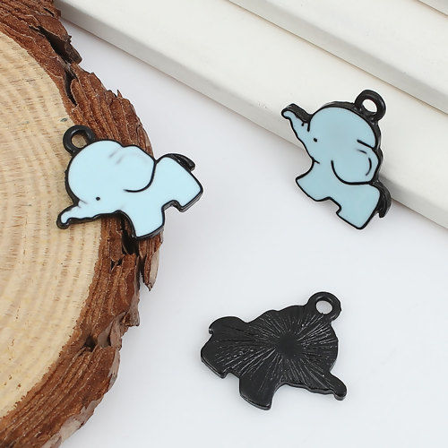 Picture of Zinc Based Alloy Charms Elephant Animal Black Blue Enamel 20mm( 6/8") x 20mm( 6/8"), 10 PCs