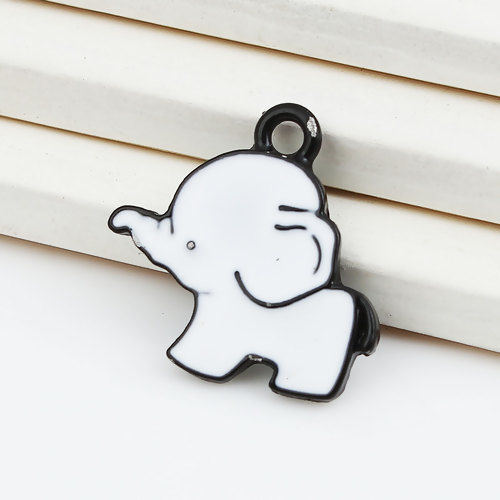 Picture of Zinc Based Alloy Charms Elephant Animal Black White Enamel 20mm( 6/8") x 20mm( 6/8"), 10 PCs