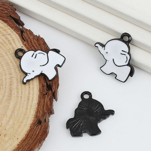 Picture of Zinc Based Alloy Charms Elephant Animal Black White Enamel 20mm( 6/8") x 20mm( 6/8"), 10 PCs