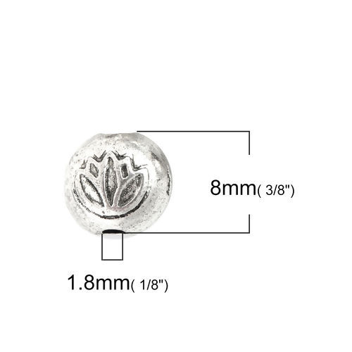 Picture of Zinc Based Alloy Spacer Beads Round Antique Silver Color Flower About 8mm Dia, Hole: Approx 1.8mm, 100 PCs