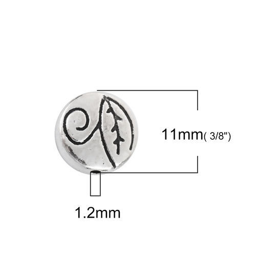 Immagine di Lega di Zinco Separatori Perline Tondo Argento Antico Foglia Scolpisce Circa 11mm Dia, Foro:Circa 1.2mm, 50 Pz