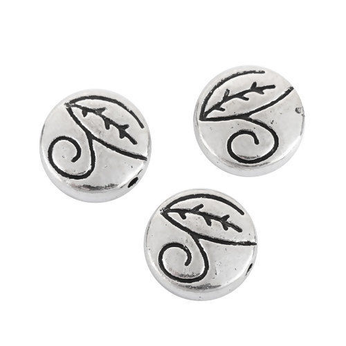 Immagine di Lega di Zinco Separatori Perline Tondo Argento Antico Foglia Scolpisce Circa 11mm Dia, Foro:Circa 1.2mm, 50 Pz
