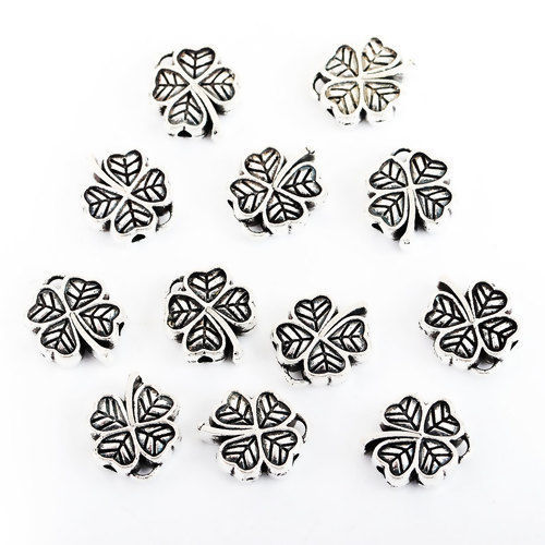 Picture of Zinc Based Alloy Spacer Beads Four Leaf Clover Antique Silver Color 12mm x 11mm, Hole: Approx 1.6mm, 50 PCs