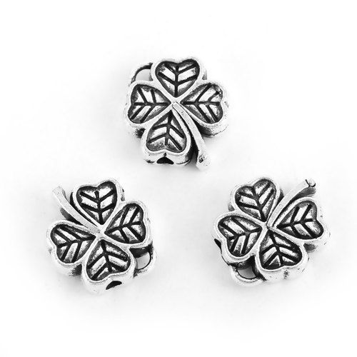 Picture of Zinc Based Alloy Spacer Beads Four Leaf Clover Antique Silver Color 12mm x 11mm, Hole: Approx 1.6mm, 50 PCs