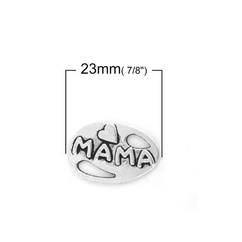 Bild von Zinklegierung Verbinder Oval Antiksilber mit Message Muster " MAMA " 23mm x 15mm, 30 Stück