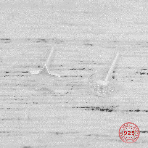 Picture of Sterling Silver Ear Post Stud Earrings Silver Half Moon Clear Rhinestone 6mm( 2/8") x 5mm( 2/8"), Post/ Wire Size: (21 gauge), 1 Pair