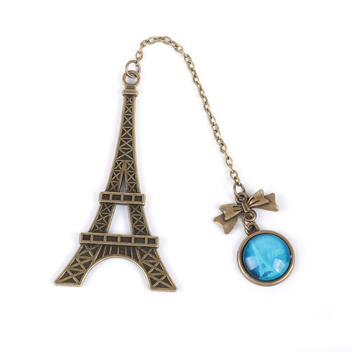 Bild von Glas Lesezeichen Eiffelturm Bronzefarbe Blau Schleife 69mm x 36mm, 1 Stück