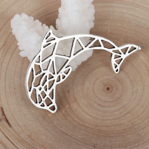 Imagen de Zamak Origami Colgantes Charms Delfín Plata Antigua 55mm x 35mm, 10 Unidades