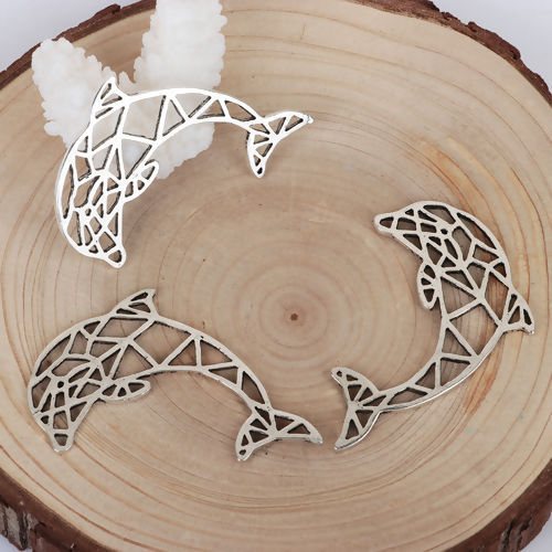 Imagen de Zamak Origami Colgantes Charms Delfín Plata Antigua 55mm x 35mm, 10 Unidades