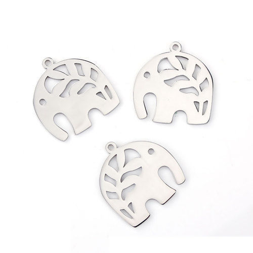 Picture of 304 Stainless Steel Pet Silhouette Charms Elephant Animal Silver Tone Leaf Hollow 28mm(1 1/8") x 26mm(1"), 1 Piece
