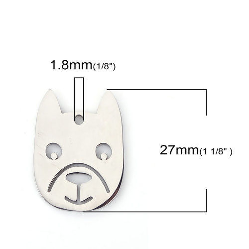 Picture of 304 Stainless Steel Pet Silhouette Charms Bulldog Animal Silver Tone 27mm(1 1/8") x 20mm( 6/8"), 1 Piece