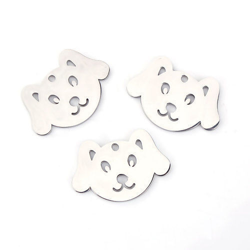Picture of 304 Stainless Steel Pet Silhouette Charms Dog Animal Silver Tone Hollow 29mm(1 1/8") x 20mm( 6/8"), 1 Piece