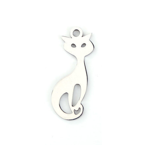Picture of 304 Stainless Steel Pet Silhouette Pendants Cat Animal Silver Tone 33mm(1 2/8") x 12mm( 4/8"), 1 Piece