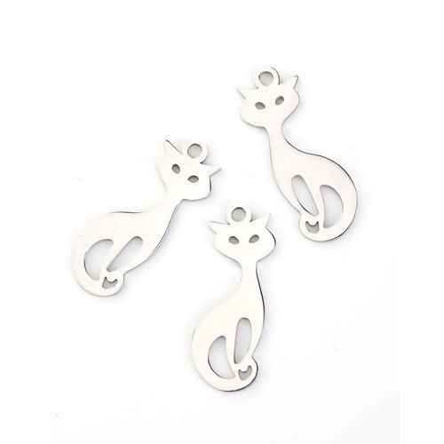 Picture of 304 Stainless Steel Pet Silhouette Pendants Cat Animal Silver Tone 33mm(1 2/8") x 12mm( 4/8"), 1 Piece