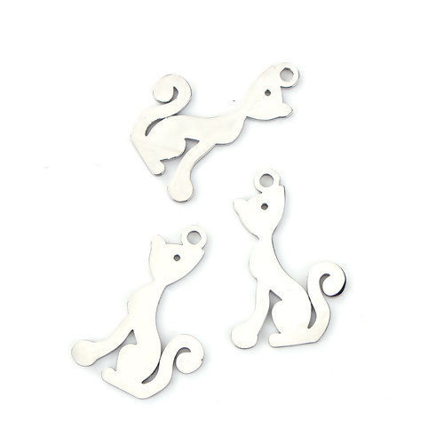 Picture of 304 Stainless Steel Pet Silhouette Pendants Cat Animal Silver Tone 31mm(1 2/8") x 20mm( 6/8"), 1 Piece