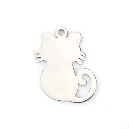 Picture of 304 Stainless Steel Pet Silhouette Pendants Cat Animal Silver Tone 30mm(1 1/8") x 24mm(1"), 1 Piece