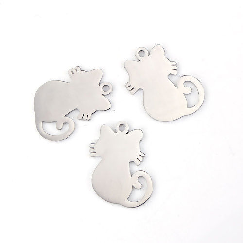 Picture of 304 Stainless Steel Pet Silhouette Pendants Cat Animal Silver Tone 30mm(1 1/8") x 24mm(1"), 1 Piece