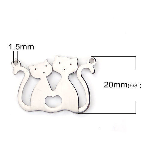 Picture of 304 Stainless Steel Pet Silhouette Connectors Cat Animal Silver Tone 29mm(1 1/8") x 20mm( 6/8"), 1 Piece