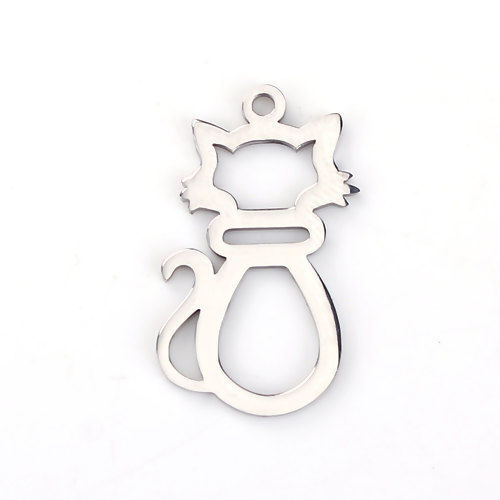 Picture of 304 Stainless Steel Pet Silhouette Charms Cat Animal Silver Tone Hollow 29mm(1 1/8") x 18mm( 6/8"), 1 Piece