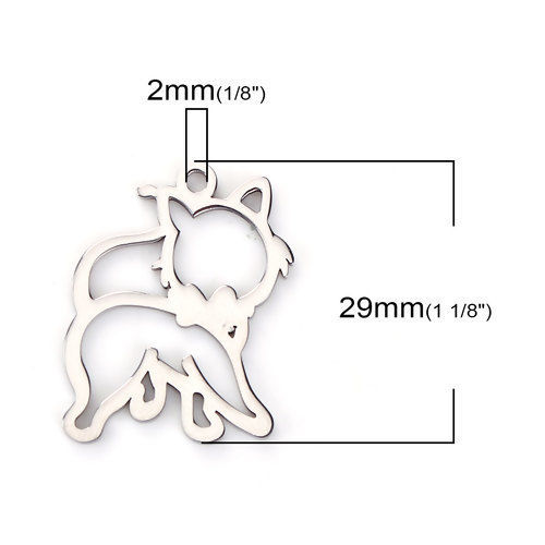 Picture of 304 Stainless Steel Pet Silhouette Charms Cat Animal Silver Tone Hollow 29mm(1 1/8") x 26mm(1"), 1 Piece