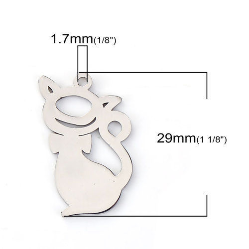 Picture of 304 Stainless Steel Pet Silhouette Charms Cat Animal Silver Tone 29mm(1 1/8") x 17mm( 5/8"), 1 Piece