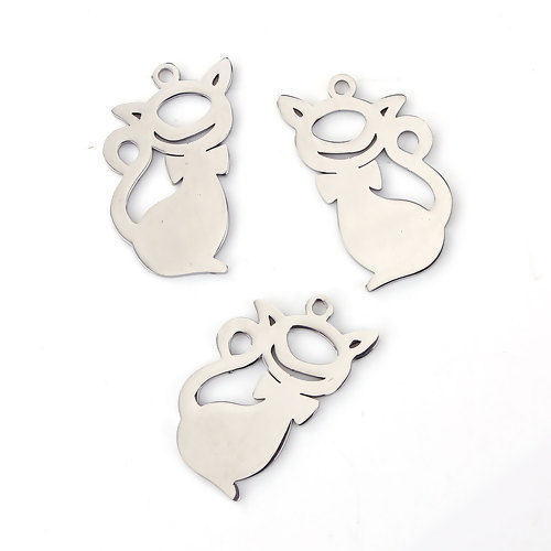 Picture of 304 Stainless Steel Pet Silhouette Charms Cat Animal Silver Tone 29mm(1 1/8") x 17mm( 5/8"), 1 Piece