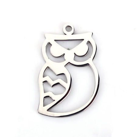 Picture of 304 Stainless Steel Pet Silhouette Pendants Owl Animal Silver Tone Hollow 30mm(1 1/8") x 20mm( 6/8"), 1 Piece