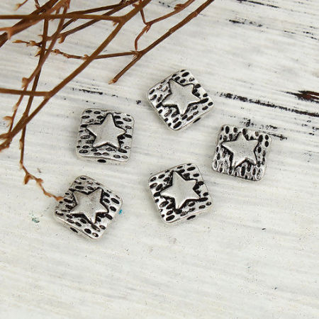 Picture of Zinc Based Alloy Spacer Beads Square Antique Silver Color Pentagram Star 10mm x 10mm, Hole: Approx 1.3mm, 50 PCs