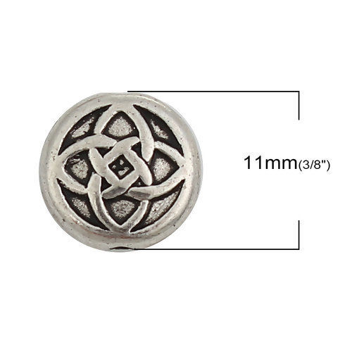 Immagine di Lega di Zinco Separatori Perline Tondo Argento Antico Fiore Scolpisce Circa 11mm Dia, Foro:Circa 1.3mm, 50 Pz