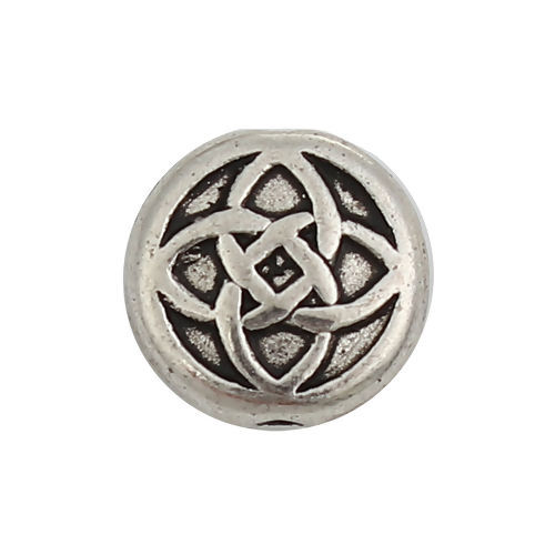 Immagine di Lega di Zinco Separatori Perline Tondo Argento Antico Fiore Scolpisce Circa 11mm Dia, Foro:Circa 1.3mm, 50 Pz