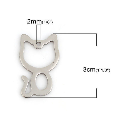 Picture of 304 Stainless Steel Pet Silhouette Pendants Cat Animal Silver Tone 30mm(1 1/8") x 18mm( 6/8"), 1 Piece