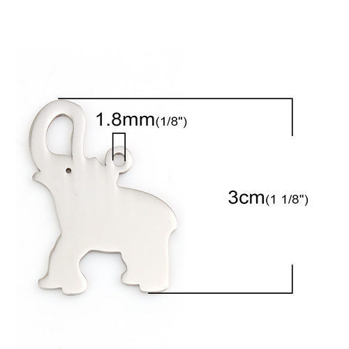 Picture of 304 Stainless Steel Pet Silhouette Pendants Elephant Animal Silver Tone 30mm(1 1/8") x 23mm( 7/8"), 1 Piece