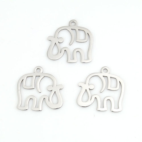 Picture of 304 Stainless Steel Pet Silhouette Charms Elephant Animal Silver Tone Hollow 28mm(1 1/8") x 27mm(1 1/8"), 1 Piece