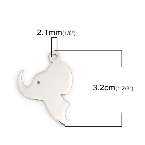 Picture of 304 Stainless Steel Pet Silhouette Pendants Elephant Animal Silver Tone 32mm(1 2/8") x 23mm( 7/8"), 1 Piece