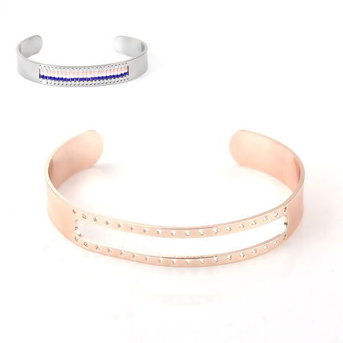 Picture of Zinc Based Alloy Seed Beads Weaving Centerline Beadable Cross Stitch Open Cuff Bangles Bracelets Rose Gold 15.5cm(6 1/8") long, 1 Piece