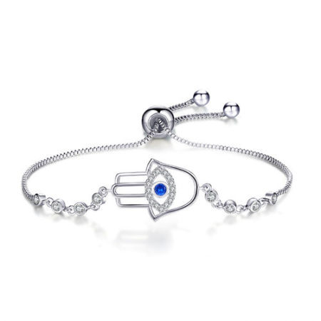 Picture of Brass & Cubic Zirconia Adjustable Slider/ Slide Bolo Bracelets Silver Tone Blue Hamsa Symbol Hand Eye 26.5cm(10 3/8") long, 1 Piece